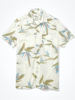 American Eagle Outfitters Cream Tropical Short-Sleeve Button-Down Shirt